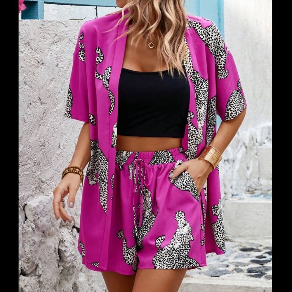 Vibrant Pink Leopard Print Two-Piece Swim Cover Set